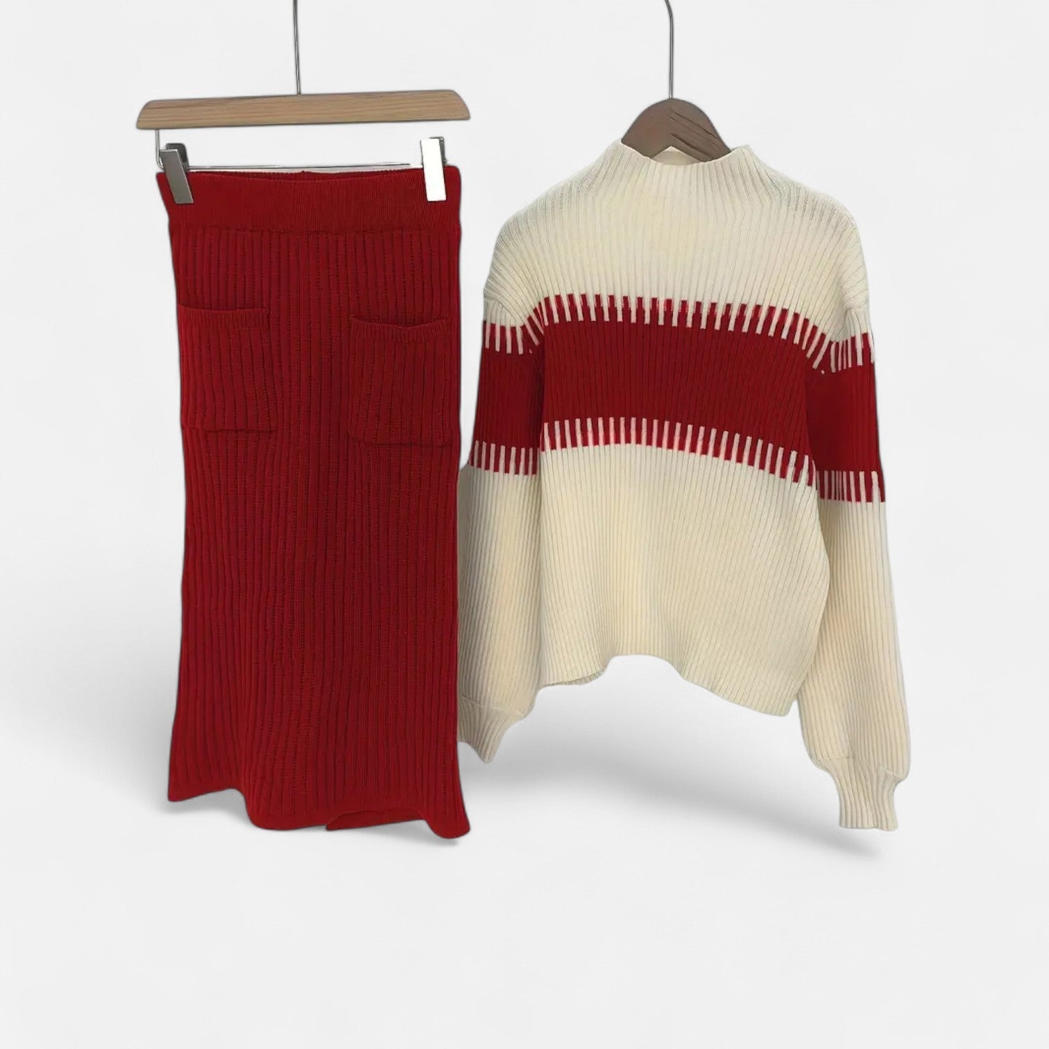 Old Ancien | Women’s Knit Set – High-Neck Pullover & Midi Skirt