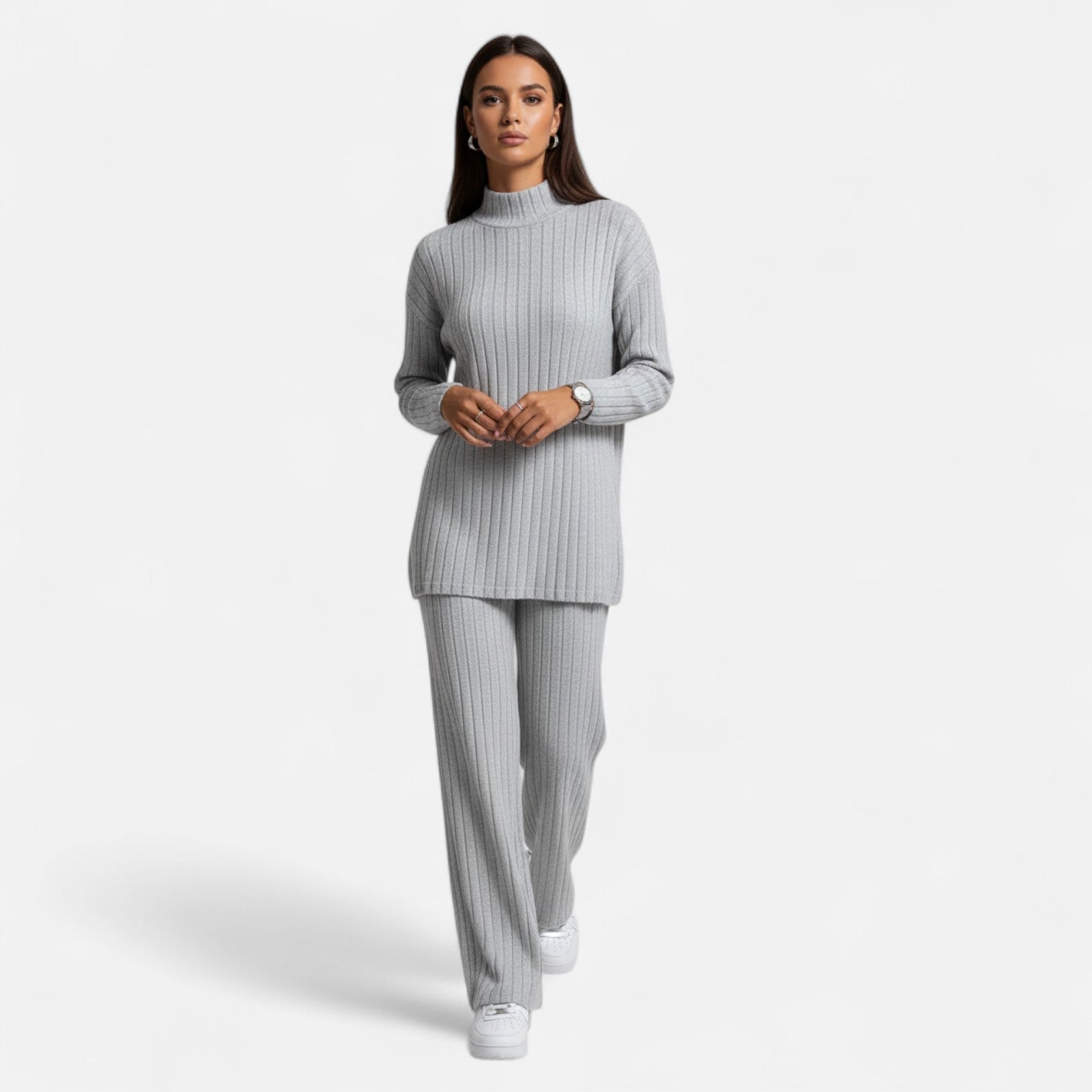 Old Ancien | Women’s Ribbed Set – Mock Neck & Wide-Leg Elegance