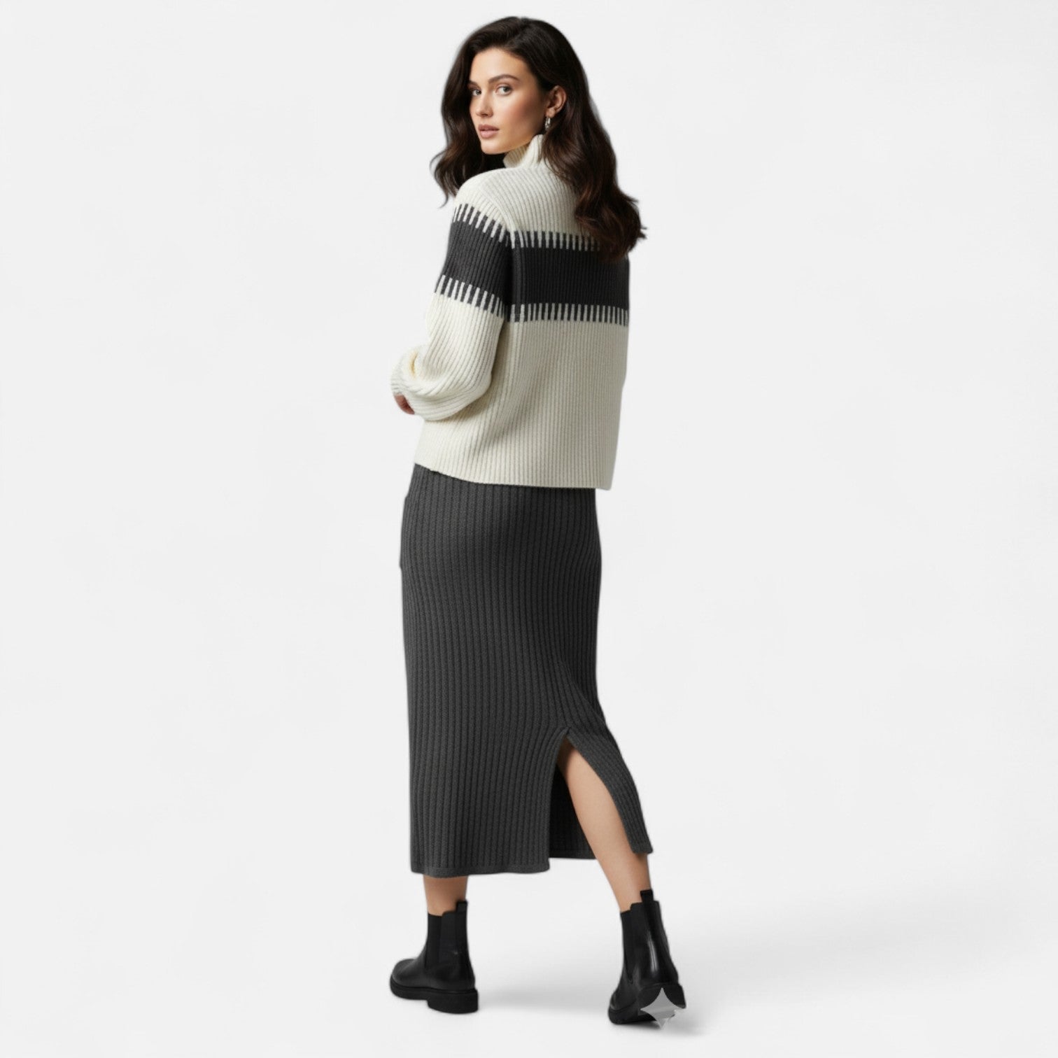 Old Ancien | Women’s Knit Set – High-Neck Pullover & Midi Skirt