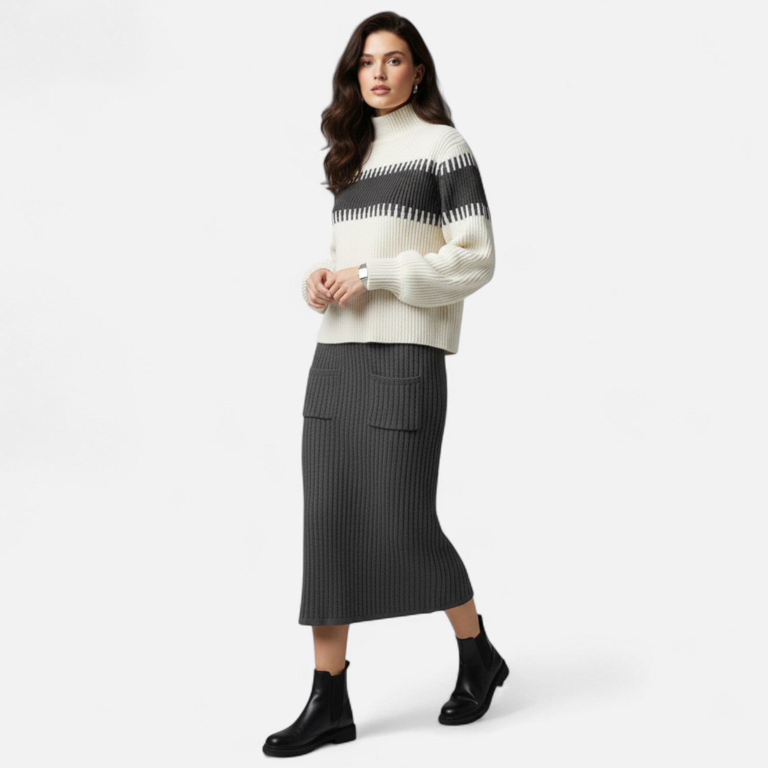 Old Ancien | Women’s Knit Set – High-Neck Pullover & Midi Skirt