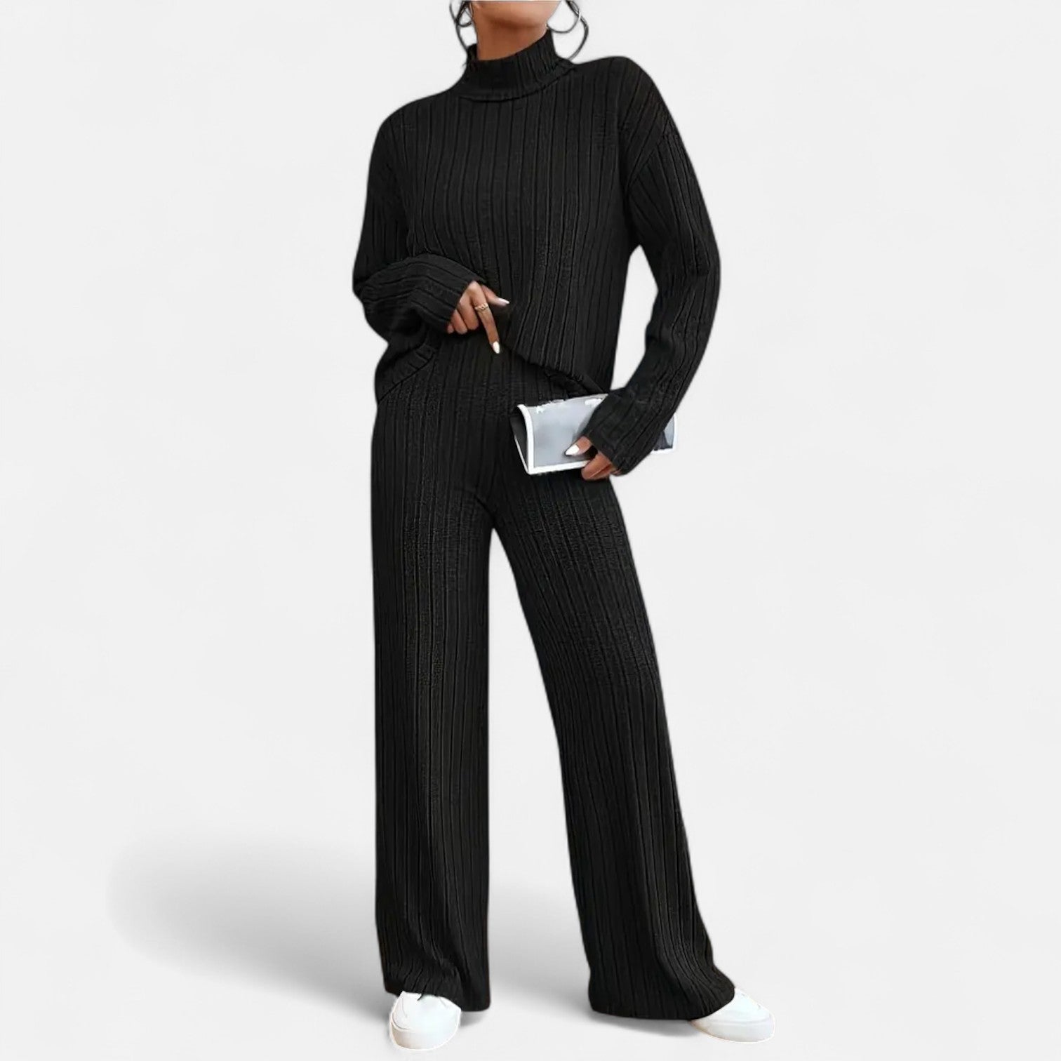 Old Ancien | Women’s Ribbed Set – Mock Neck & Wide-Leg Elegance