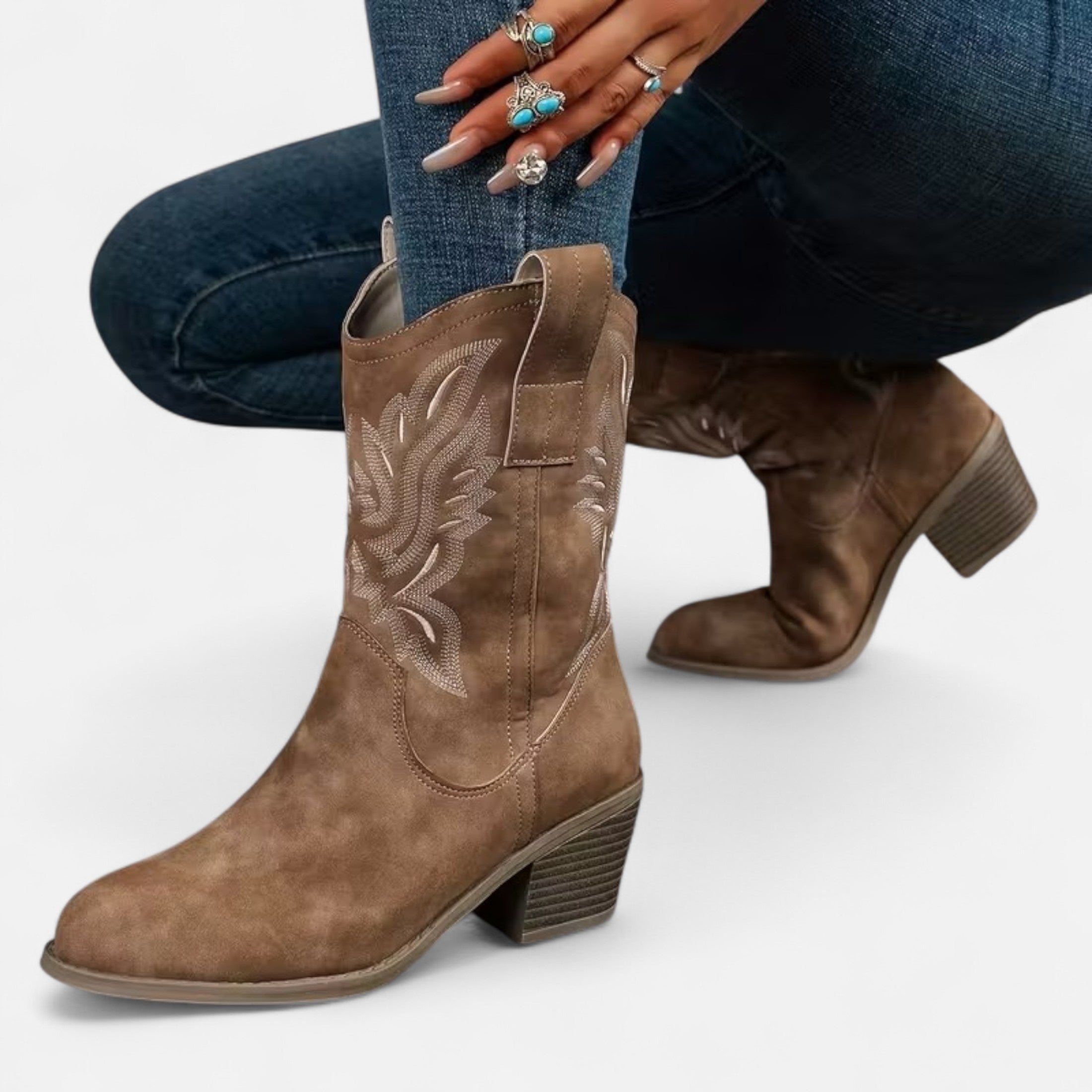 Old Ancien | Women’s Suede Cowboy Boots – Vintage Chunky Heel