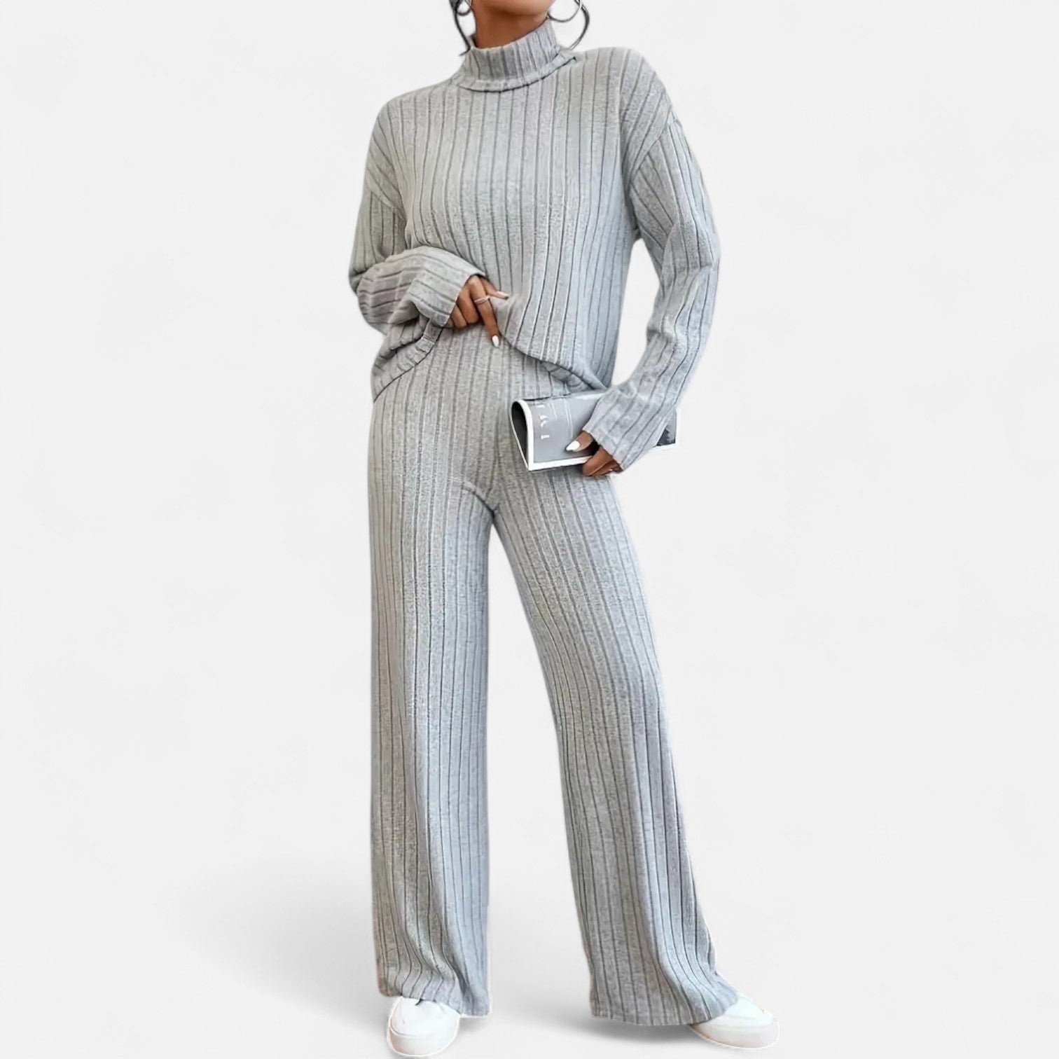 Old Ancien | Women’s Ribbed Set – Mock Neck & Wide-Leg Elegance