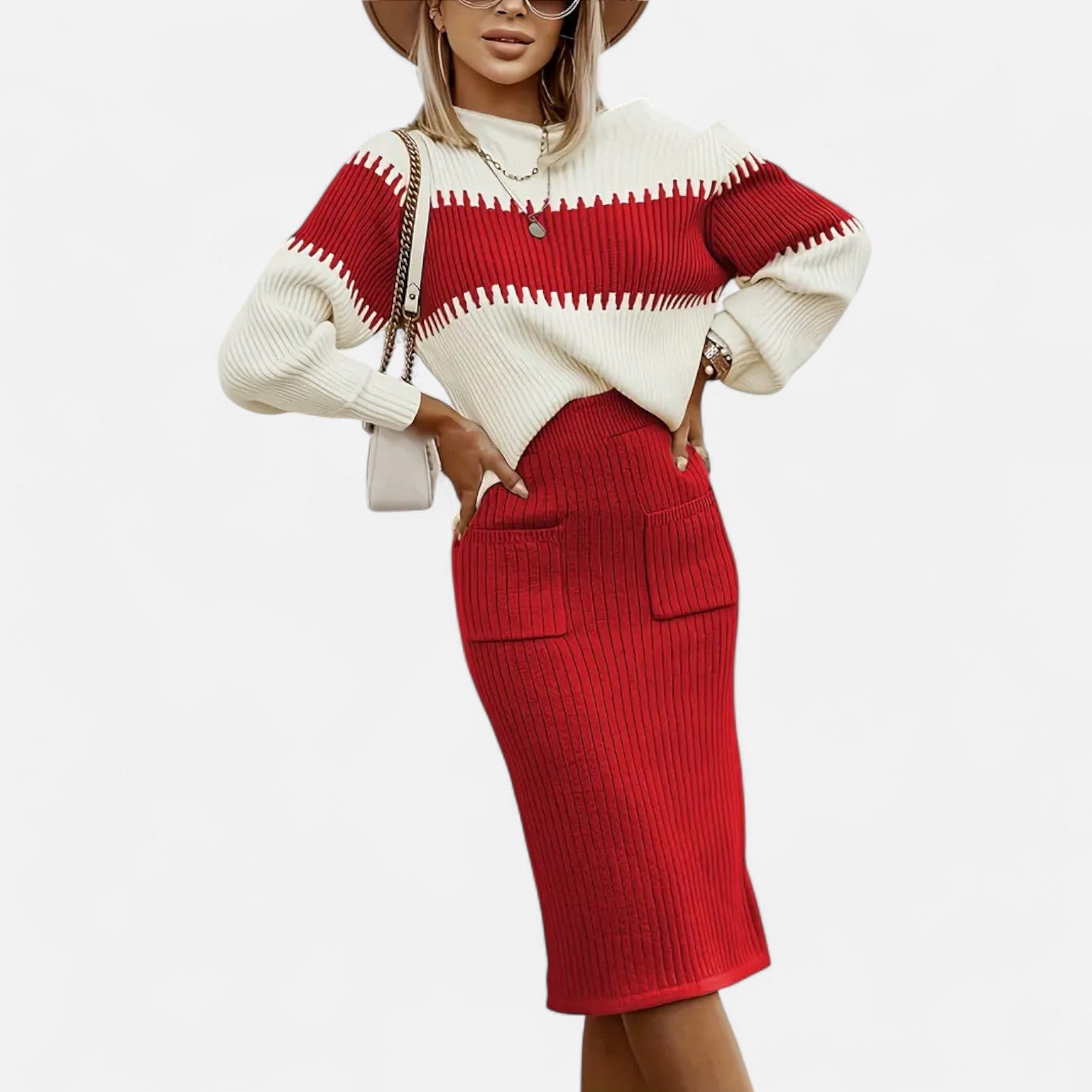 Old Ancien | Women’s Knit Set – High-Neck Pullover & Midi Skirt