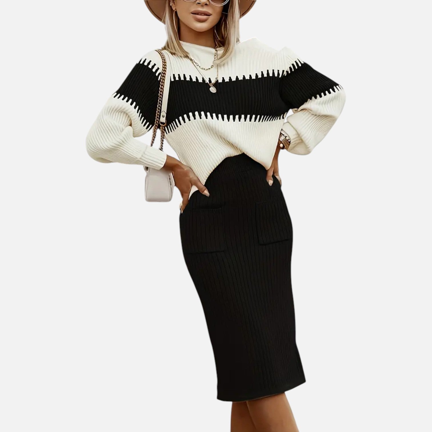 Old Ancien | Women’s Knit Set – High-Neck Pullover & Midi Skirt