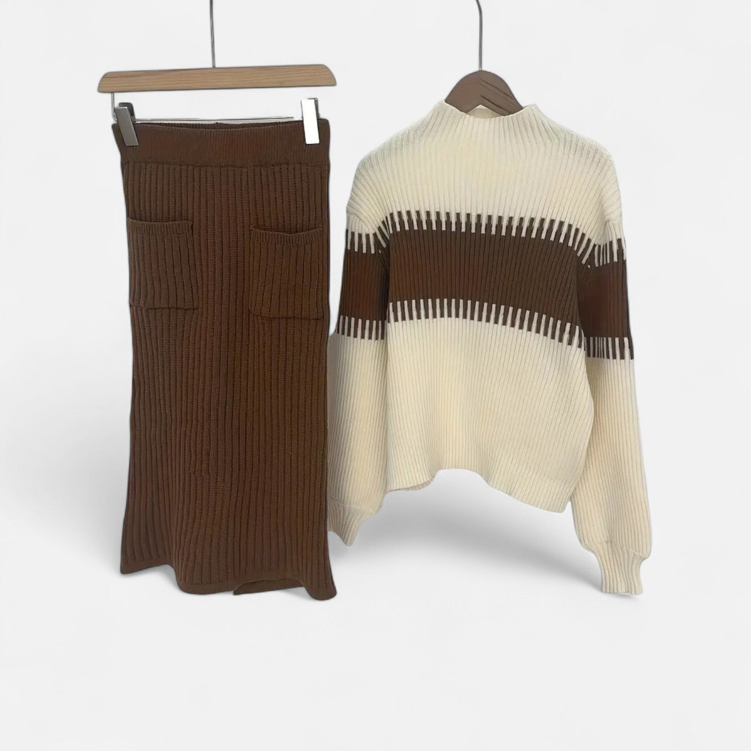 Old Ancien | Women’s Knit Set – High-Neck Pullover & Midi Skirt